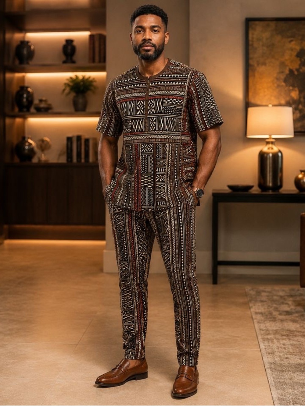 Men's Brown Patterned Kaftan and Chinos Set